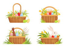 Set Of Easter Baskets For The Holiday. Baskets With Colored Eggs, Tulips, Easter Cake And Rabbit. Set For Spring Design