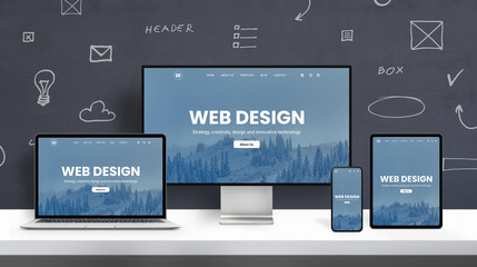 Wall Mural - responsive web design page promotion on different display devices. office studio desk cioncept with 