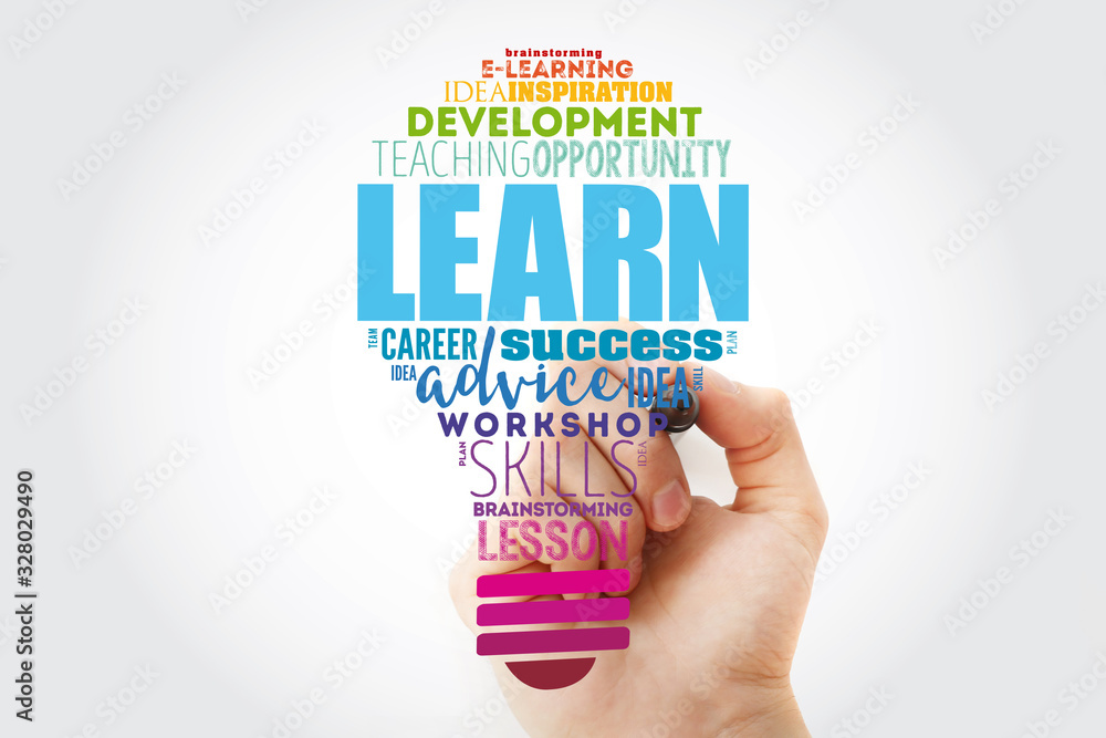 LEARN light bulb word cloud collage, education concept background Stock ...