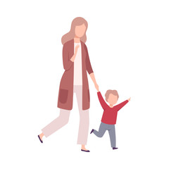 Poster - Mother and Her Little Son Walking Holding Hands, Mom and her Kid Having Good Time Together Flat Vector Illustration