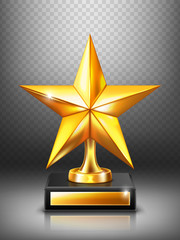gold trophy with star, modern winner award. vector realistic mockup of golden prize to best film, ac