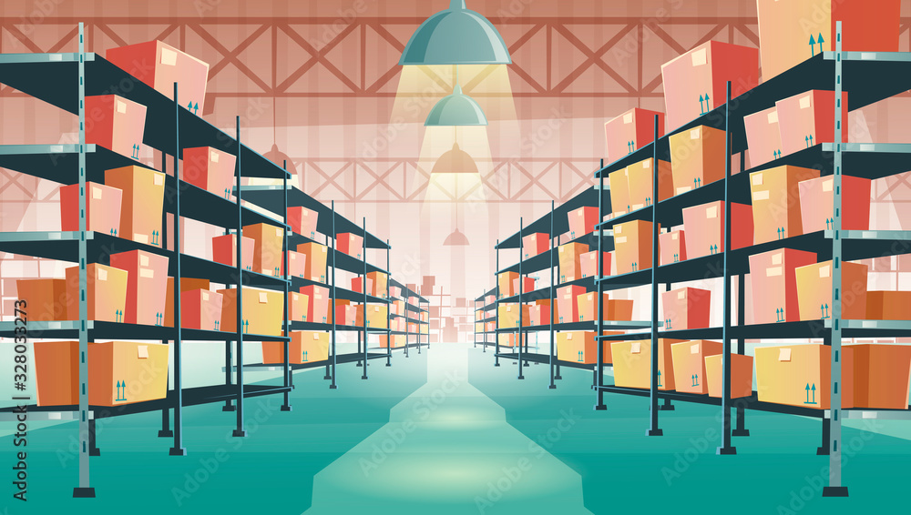Warehouse interior with cardboard boxes on metal racks. Vector cartoon ...