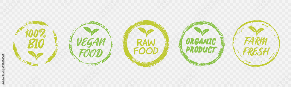 Vegan Healthy Ecology Bio Emblem Logo Design Lettering Badges with Fresh Green Leaves and Grunge Circles Icon Label Sticker Design - obrazy, fototapety, plakaty 