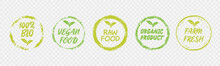 Vegan Healthy Ecology Bio Emblem Logo Design Lettering Badges With Fresh Green Leaves And Grunge Circles Icon Label Sticker Design