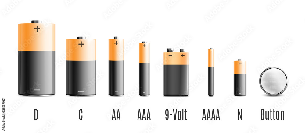 Realistic battery set with different energy voltage and size - obrazy, fototapety, plakaty 