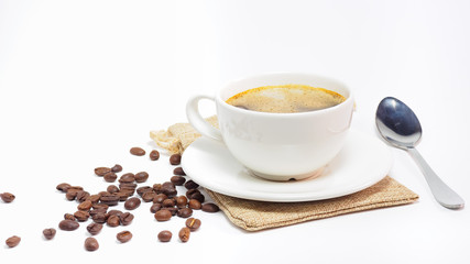 Wall Mural - Coffee cups and roasted coffee beans, isolated on white background