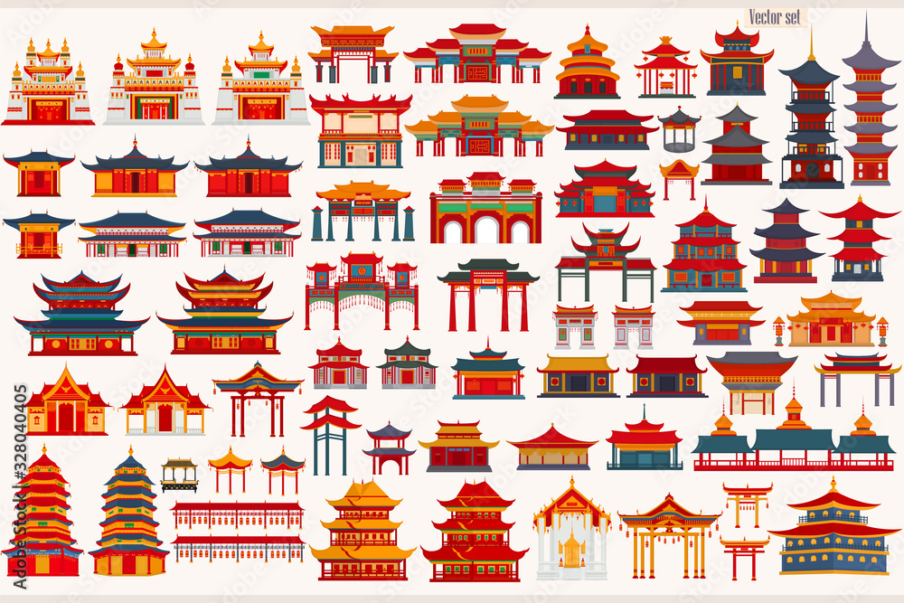 Set of Chinese temples, gates and traditional buildings on a light gray background	 - obrazy, fototapety, plakaty 
