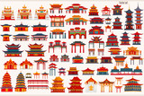 Fototapeta Sypialnia - Set of Chinese temples, gates and traditional buildings on a light gray background	