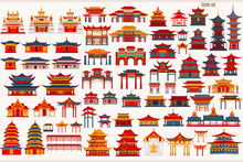Set Of Chinese Temples, Gates And Traditional Buildings On A Light Gray Background	