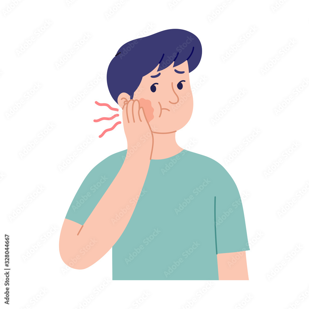 vector illustration of a young man holding his cheek due to a toothache, an expression of a man's pain due to a toothache and his swollen cheeks - obrazy, fototapety, plakaty 
