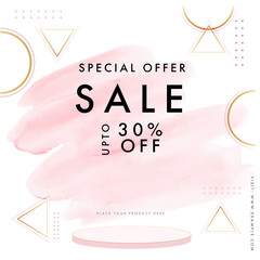 Wall Mural - Special Offer Sale Poster Design with 30% Discount Offer and Golden Geometric Elements on Pink Watercolor Brush Effect Background.