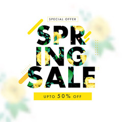 Wall Mural - Spring Sale Text in Floral Pattern with 50% Discount Offer on White Background for Advertising Poster Design.