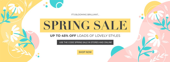 up to 45% off for spring sale header or banner design decorated with daisy flowers and leaves.