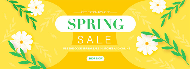 Wall Mural - spring sale header or banner design with get extra 40% off, flowers and leaves decorated on yellow b