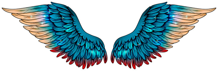 Magic beautiful glowing turquoise wings with beige and red feathers, vector