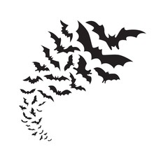 Flying Bats Group Isolated On White Background. Black Night Bat Silhouettes 