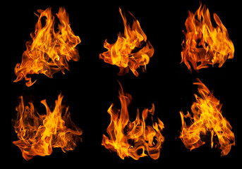 Fire collection set of flame burning isolated on dark background for graphic design purpose