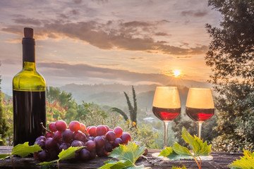 Wall Mural - Wine Glasses And Bottle  In Vineyard At Sunset