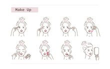 Beauty Girl Applying Face Makeup With Brushes And Sponges. Woman Use Mascara, Facial Foundation, Serum And Other  Make Up Beauty Products. Cosmetics Concept. Flat Vector Illustration And Icons Set.