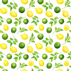 Watercolor lime and lemon with leaves seamless pattern. Hand painted fresh green and yellow citrus fruit illustration isolated on white background for textile, package, wrapping, cards, decoration.