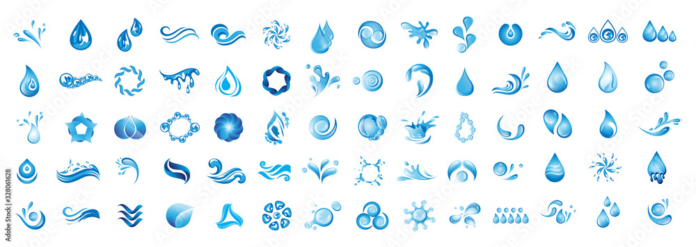 Water Splash Vector And Drop Logo Set - Isolated On White Background. Vector Collection Of Flat Water Splash and Drop Logo. Icons For Droplet, Wave, Rain, Raindrop, Company Logo And Bubble Design - obrazy, fototapety, plakaty 