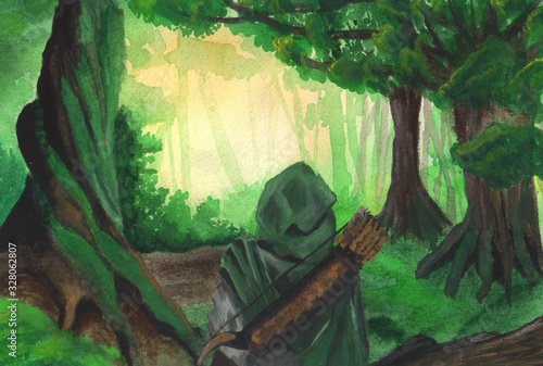 Fantasy Watercolor Drawing Landscape Nature Mysterious Figure In A Cloak In A Green Forest Buy This Stock Illustration And Explore Similar Illustrations At Adobe Stock Adobe Stock