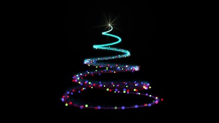 Wall Mural - Abstract light spiral Christmas tree with bright star on top decorated with colorful baubles on solid black background. Cyan Christmas Tree made by a colorful trail of glitter.