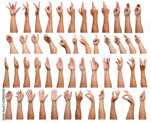 SUPER SET of Male asian hand gestures isolated over the white background. 