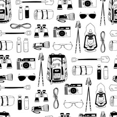 Wall Mural - Monochrome vector seamless pattern with isolated elements. Black and white. Trendy endless texture. Camping, hiking print. Backpack, flashlight, binoculars, camera, reusable bottles, sunglasses