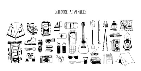 Wall Mural - Set of monochrome vector elements isolated on white. Hiking gear for camping trips. Backpack, boots, tent, sleeping bag, compass, map, flashlight, binoculars, camera, reusable bottle, first aid kit