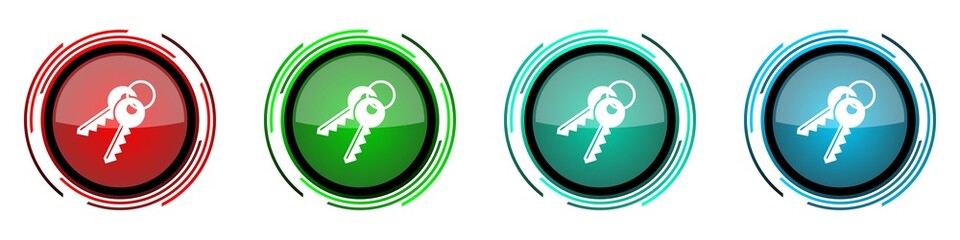 Fototapete - Keys round glossy vector icons, set of buttons for webdesign, internet and mobile phone applications in four colors options isolated on white background
