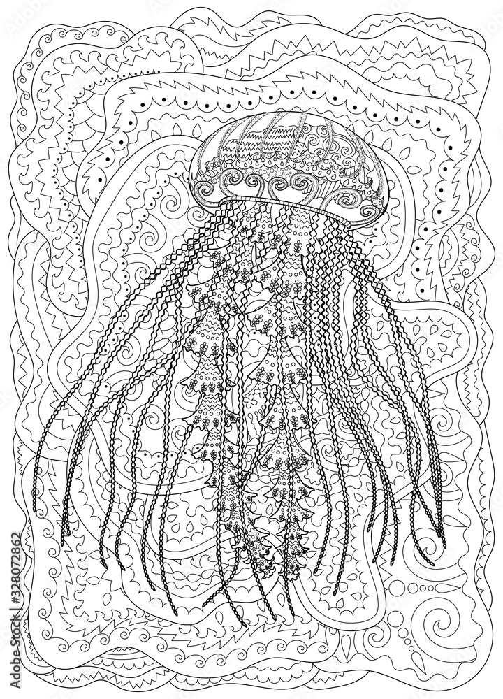 Vetor High detailed jellyfish for adult antistress coloring page. Black ...