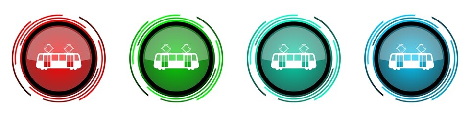 Aufkleber - Tram round glossy vector icons, set of buttons for webdesign, internet and mobile phone applications in four colors options isolated on white background