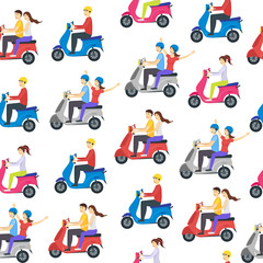 Poster - Cartoon Characters Group of People Riding Motorcycle Seamless Pattern Background . Vector