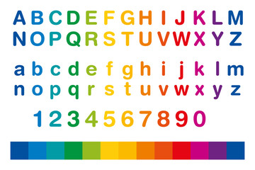 Wall Mural - rainbow colored alphabet and numbers in a row. standard set of letters from a to z in upper and lowe