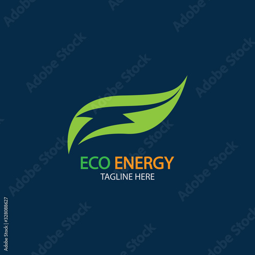 Eco Energy Vector Logo with leaf symbol. Green color with flash or thunder  graphic. Nature and electricity renewable. This logo is suitable for  technology, recycle, organic. - Buy this stock vector and