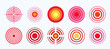 Set of red medical pain circles on transparent background. Localization and spread of pain. Symbol of body damage. Pain sign for medications, target for painkillers. 10 EPS