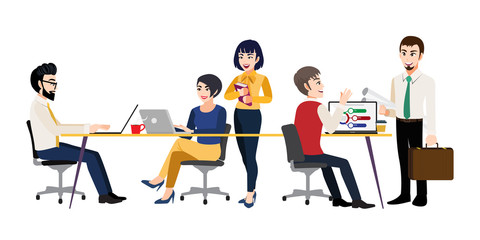 Wall Mural - Cartoon character with Men and women sitting at desk and standing in meeting room, working at computers and talking with colleagues. Effective and productive teamwork. Vector illustration