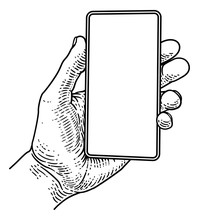 A Hand Holding A Mobile Phone In A Vintage Old Woodcut Etching Style