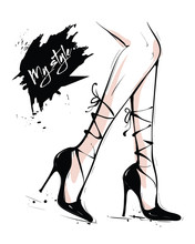 Hand Drawn Beautiful Female Legs. Fashion Woman Legs In Black Shoes. Female Body Parts. Black Strappy Heels. Sketch. Vector Illustartion.