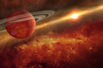 Wall Mural - saturn planet in the red universe with gases and the sun 