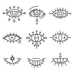 Wall Mural - Evil eyes set in hand drawn style. Occult, magic and esoteric symbols, line art collection. Decorative kit about providence sight, sacred signs and karma. Mystic amulets, talismans for tattoo