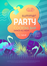 Colorful Summer Disco Party Poster With Fluorescent Tropic Leaves And Flamingo. Summertime Background