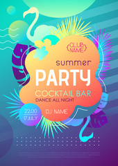 Colorful summer disco party poster with fluorescent tropic leaves and flamingo. Summertime background