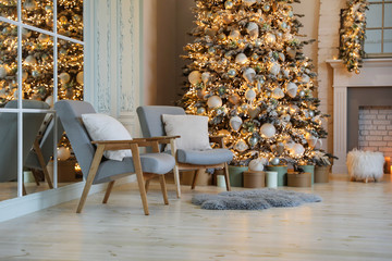 Wall Mural - Festive room interior with stylish furniture and beautiful Christmas tree