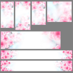 Wall Mural - Set of vertical and horizontal Japanese Spring Sakura cherry blossoms website banner backgrounds. 3D Illustration Clip-Art with Floral spring petal design header. copy space in pink, white and blue
