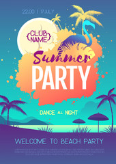 Wall Mural - Colorful summer disco party poster with fluorescent tropic leaves and flamingo. Summertime beach background