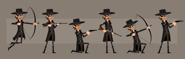 Wall Mural - Cartoon cute funny bandit hero in black mask and hat from wild west. Smiling thief shooting with weapons, pistol, rifle and bow. Ready for animations. Isolated on gray background. Big vector icon set.