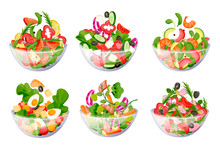 Vegetable Green Salads Bowl. Vector Flat Cartoon Illustration. Healthy Cooking Vegetarian Recipes Design Elements
