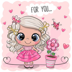 cute girl with flower on a pink background